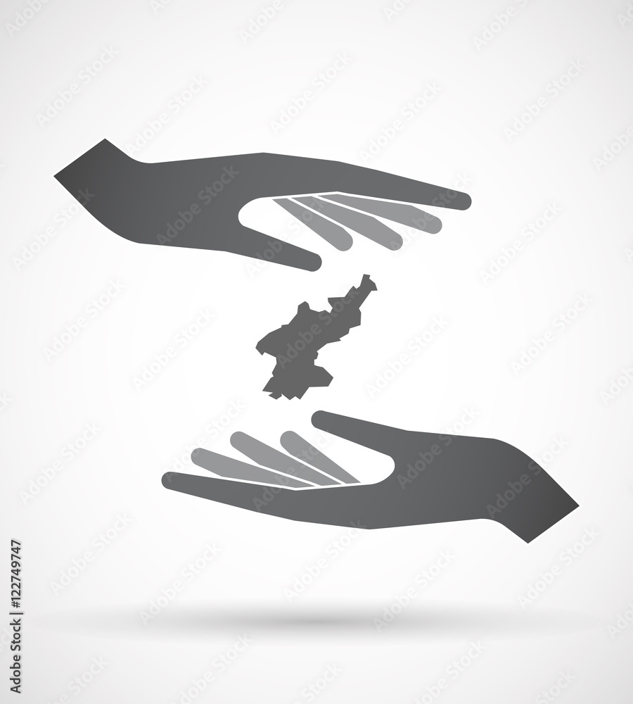 Obraz premium Isolated pair of hands protecting or giving the map of North Ko