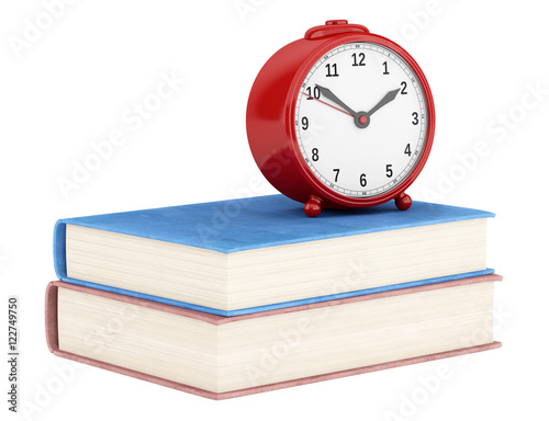 red alarm clock with two books isolated on white background