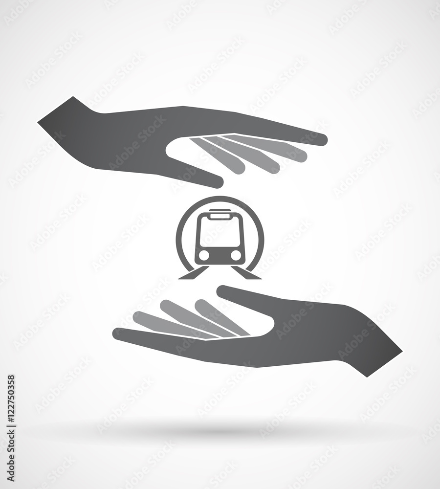 Isolated pair of hands protecting or giving a subway train icon Isolated pair of hands protecting or giving a subway train icon