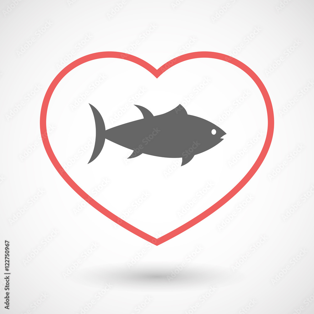 Isolated line art red heart with  a tuna fish