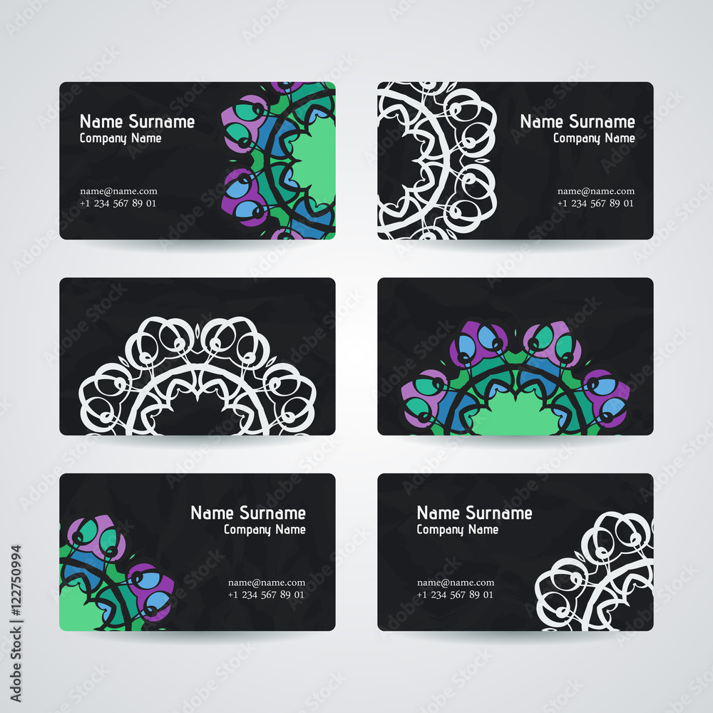 Set of vector design templates. Business card with monogram circle ornament. Mandala style.