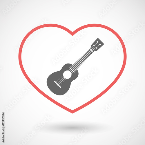 Isolated line art red heart with  an ukulele