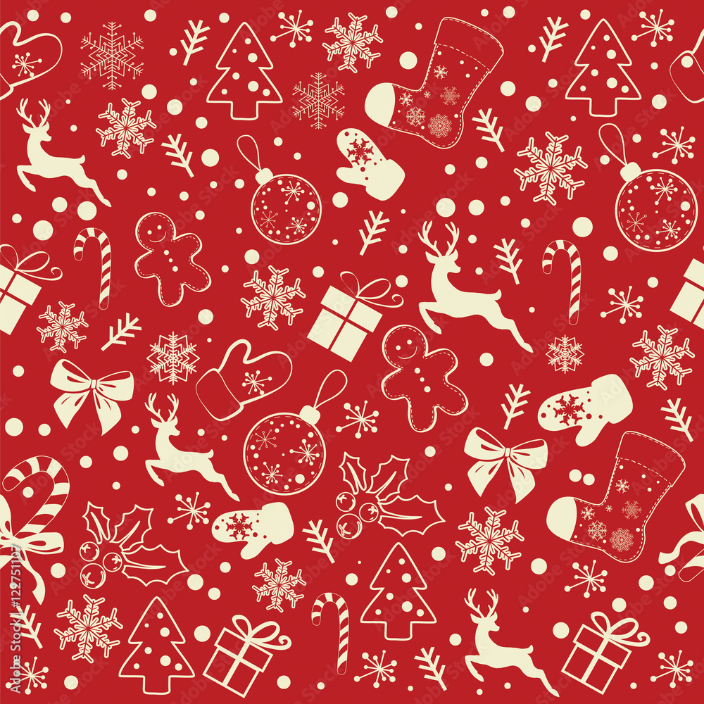 christmas seamless pattern on the red background Stock Vector | Adobe Stock