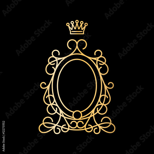 Golden vintage oval frame with crown on black background. Vector illustration