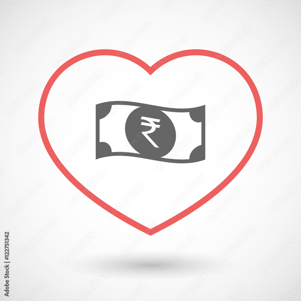 Isolated line art red heart with a rupee bank note icon Isolated line art red heart with a rupee bank note icon