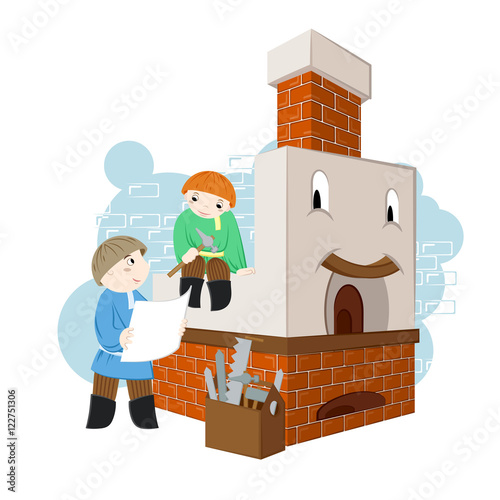 Illustration with happy and cheerful russian oven with two masters with drawings and tools.