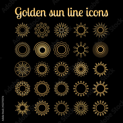 Golden sun thin line icons set on the black background. Vector illustration