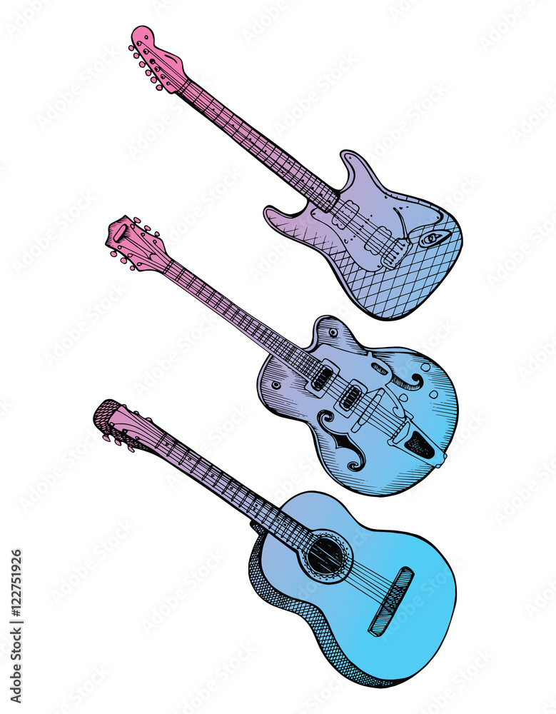 Fototapeta premium Collection of stylized guitar. Set musical instruments. Electric . Line art. Drawing by hand. Graphic arts. Doodle. Tattoo. Clipart.