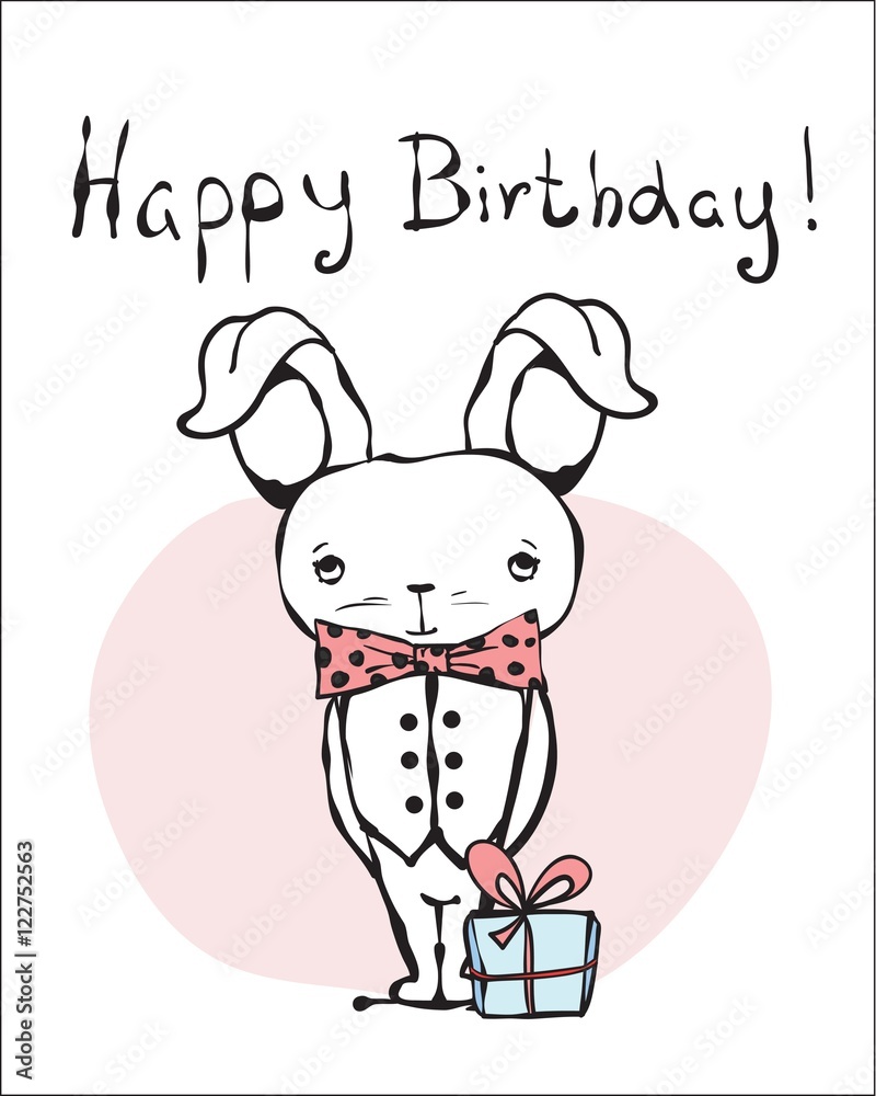 Obraz premium Greeting card with Happy Birthday. Vector trendy hipster style greeting card design, t-shirt print, inspiration poster. Vintage poster with stylish rabbit 