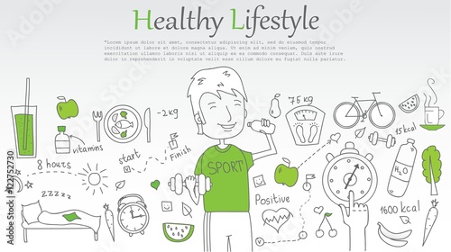 Doodle line design of web banner templates with outline icons of Healthy lifestyle.Healthy lifestyle concept for website or infographics. 