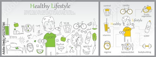 Doodle line design of web banner templates with outline icons of Healthy lifestyle.Healthy lifestyle concept for website or infographics. Line style vector illustration design concept of lifestyle