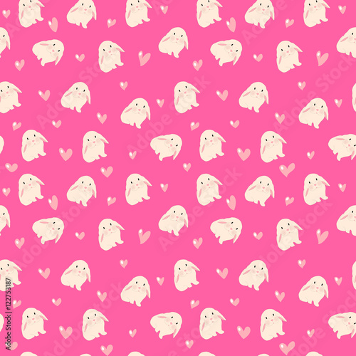 cute rabbit and hearts illustration, seamless pattern on pink background