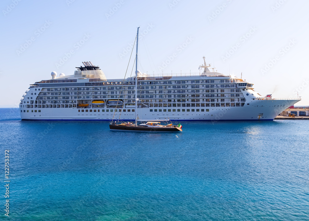 Side view of luxury cruise ship in Rhodes port, Greece