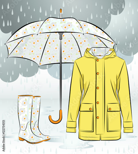 Women rain boots, jacket and umbrella with floral pattern