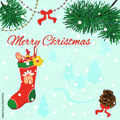 Merry Christmas greeting card with pine cone, red bows, red Christmas sock hanging on Christmas tree. Winter holidays design