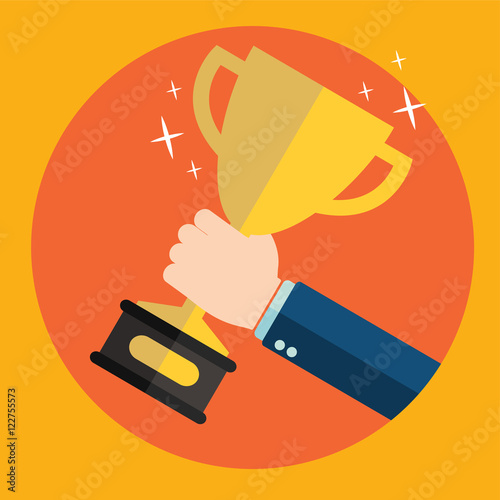 Vector illustration with flat trophy and hand. First place and business aims concept background. Teamwork and company strategy.