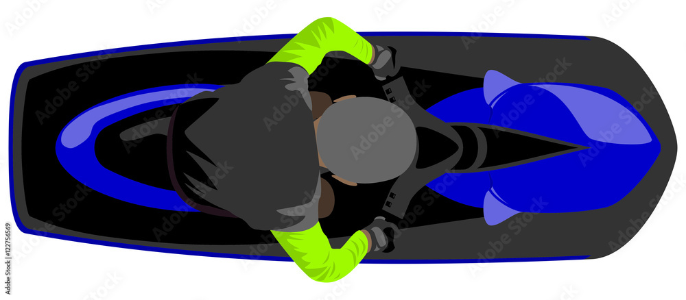 Naklejka premium Aqua scooter bike with driver in vest isolated illustration top view