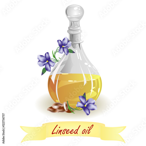Linseed (flax) oil. Hand drawn vector illustration of glass jug with oil, flax flowers and seeds on white background.
