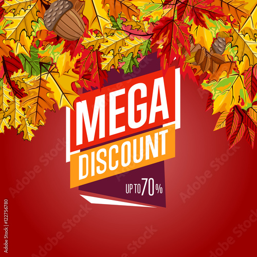 Autumn sale design template, vector illustration. Mega discount banner with colorful leaves on red background. Advertisement about autumnal discount. Incredible sale proposition concept