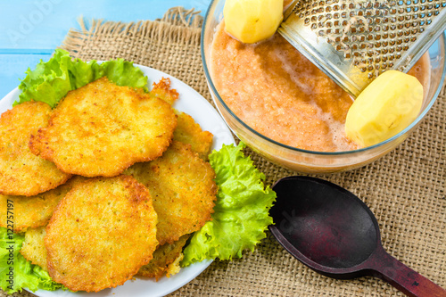 Fried potato pancakes and potato dough for frying photo