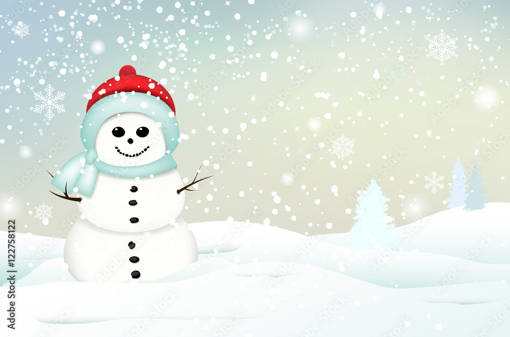 Smiling snowman in winter landscape