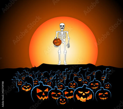 skeleton with moon and pumpkins photo