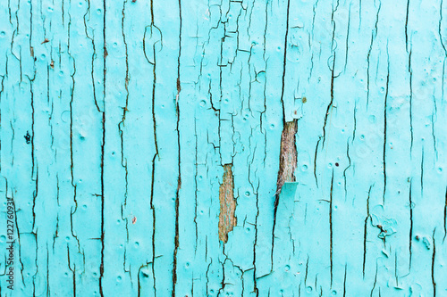 Old painted surface of the board. urquoise color, with large cracks. photo