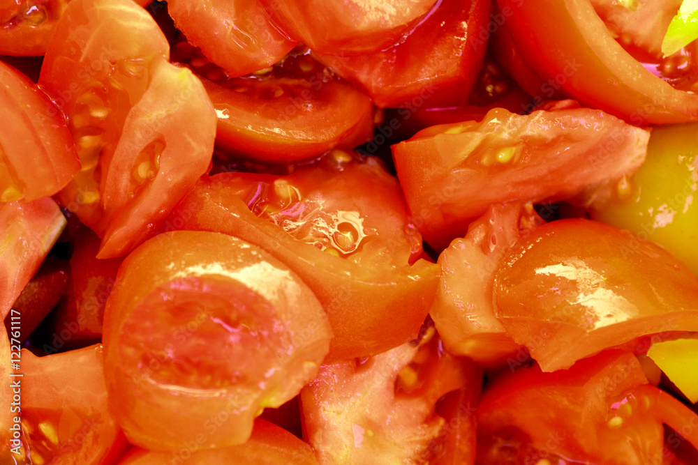 Cutting slices of red tomatoes, randomly scattered. Cutting slices of red tomatoes, randomly scattered.