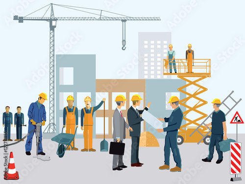 Baustelle mit Arbeitern und Architekt 