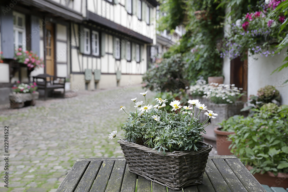 In the foreground a basket with daisies in the background (out of focus) Engelgasse historical street in the old town of Gengenbach, Black Forest, Baden-Wurttemberg, Germany