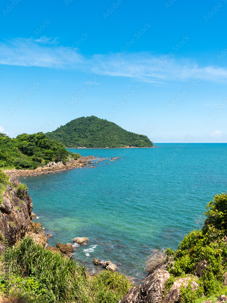Beautiful seascape with mountain on blue sky. Coastline Scenery in Thailand. Beautiful seascape with mountain on blue sky. Coastline Scenery in Thailand.