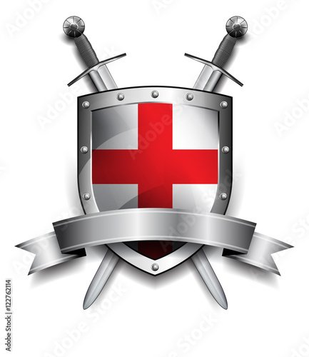 Shield with Crossed Swords - Silver shield with red cross and banner