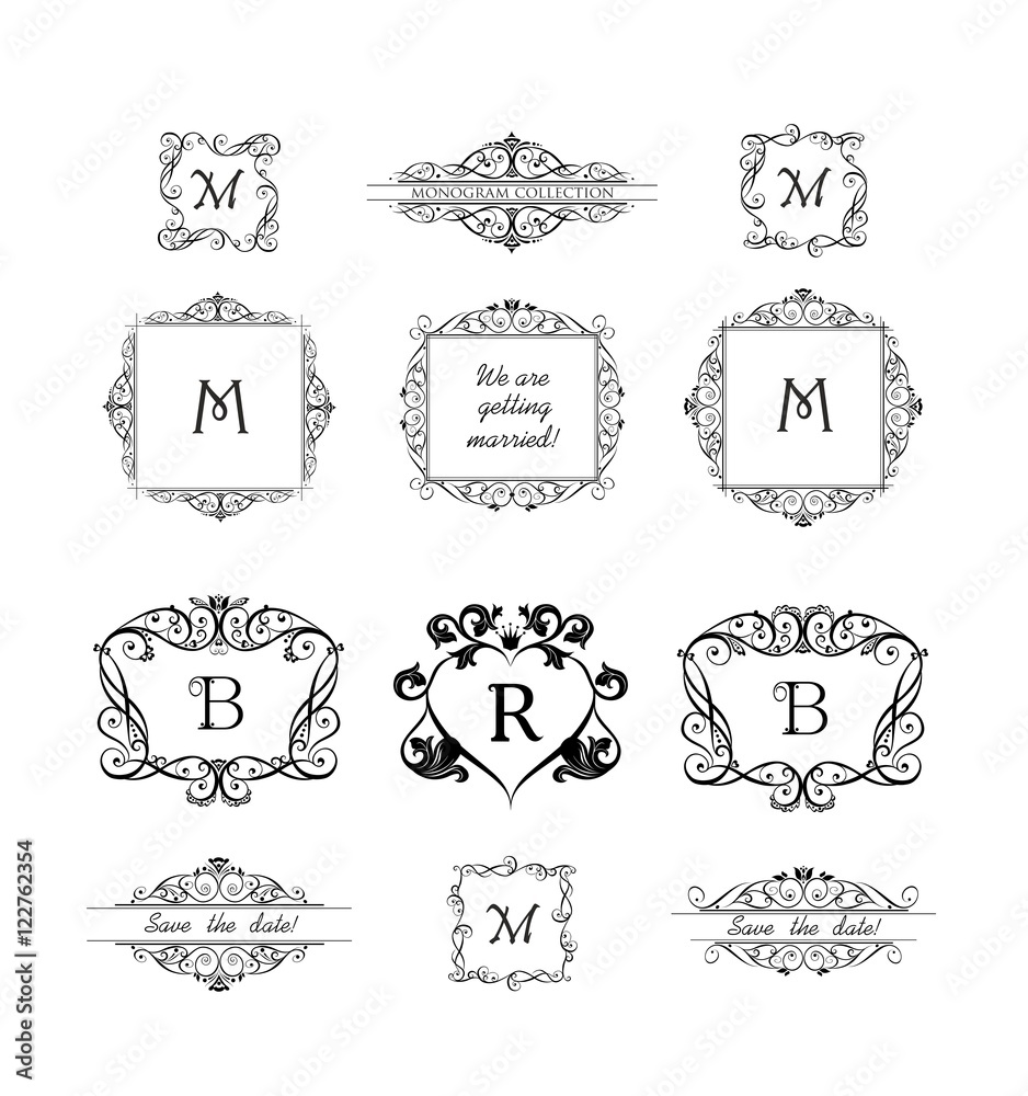 Collection of decorative frames for wedding invitation, birthday and greeting card. Vintage vignette for design template, logo, monogram, menu card, restaurant, cafe, hotel, jewelry store