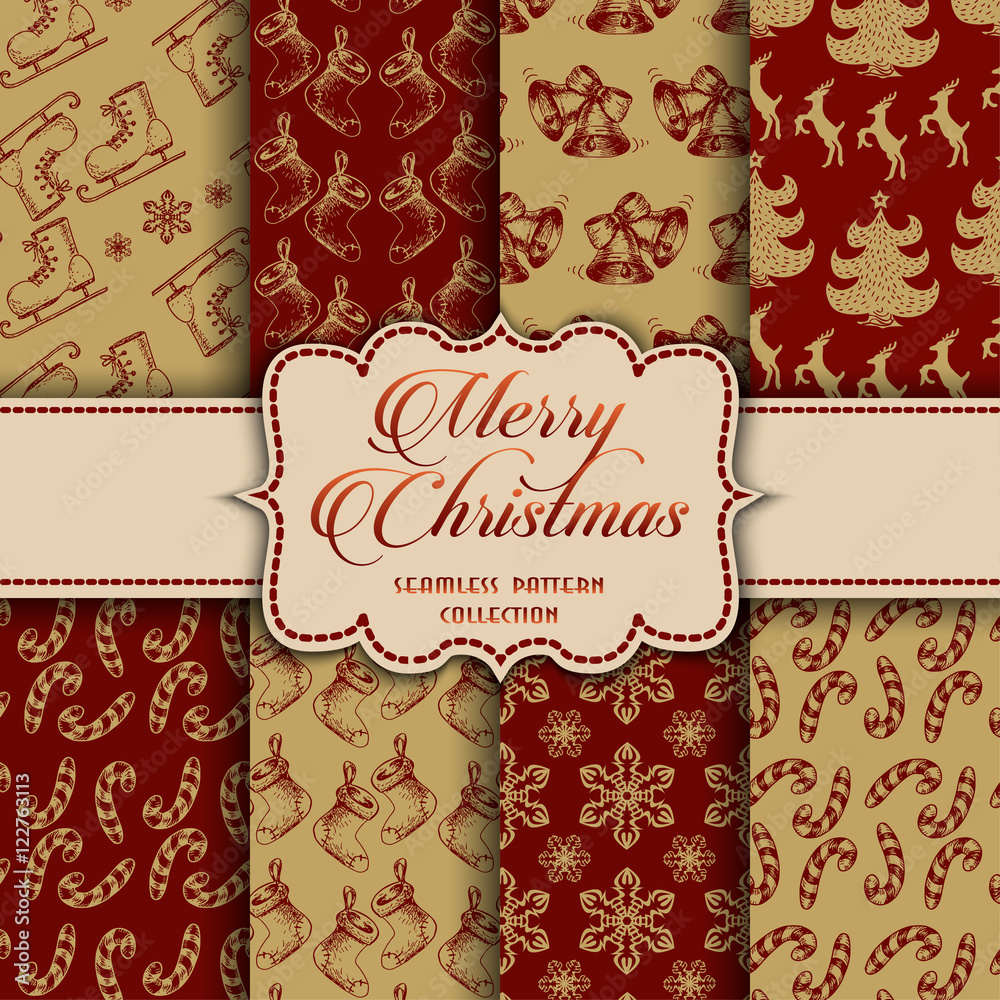 Christmas Collection of seamless patterns with red and golden colors Christmas Collection of seamless patterns with red and golden colors
