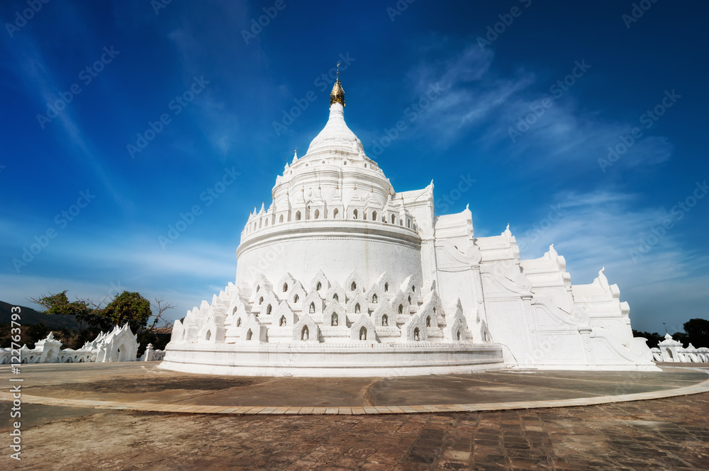 Panorama view of  Hsinbyume or Myatheindan Pagoda at Mingun city near Mandalay. Amazing tourist attraction in Myanmar (Burma)