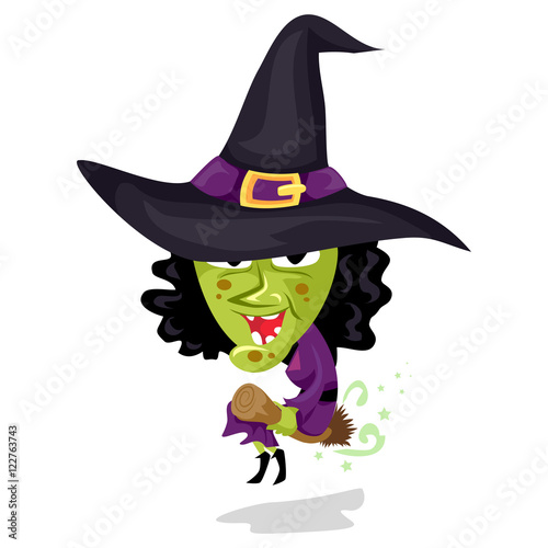 Vector Illustration of Cartoon Evil Witch Flying on Broom