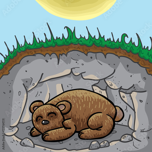 Cute sleeping bear in lair / cave. The season outside is spring or summer . High quality vector illustration.

