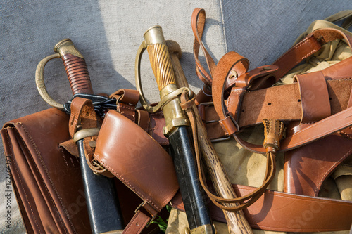 Closeup view of accoutrements and sabres of a warriors of the Fi photo