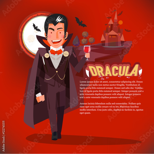 dracula character with glass blood. brush cocktail - vector