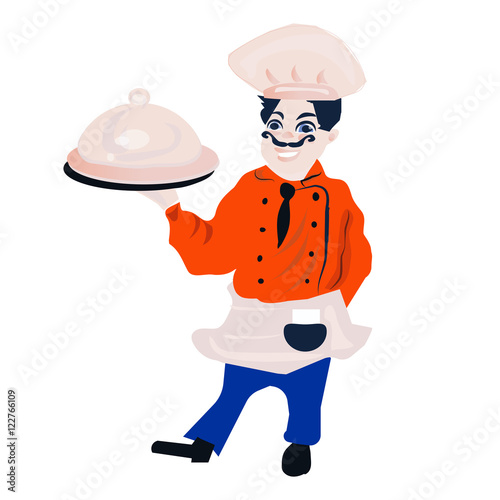 funny cartoon restaurant character, merry cook icon, isolated no background, chef man, cooking