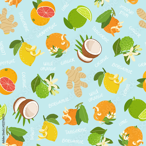 Citrus, coconut and ginger seamless pattern on blue background