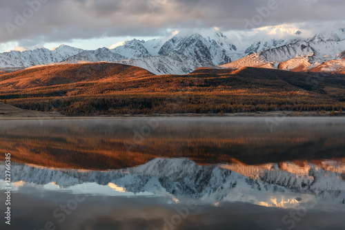 lake mountains reflection snow sunrise