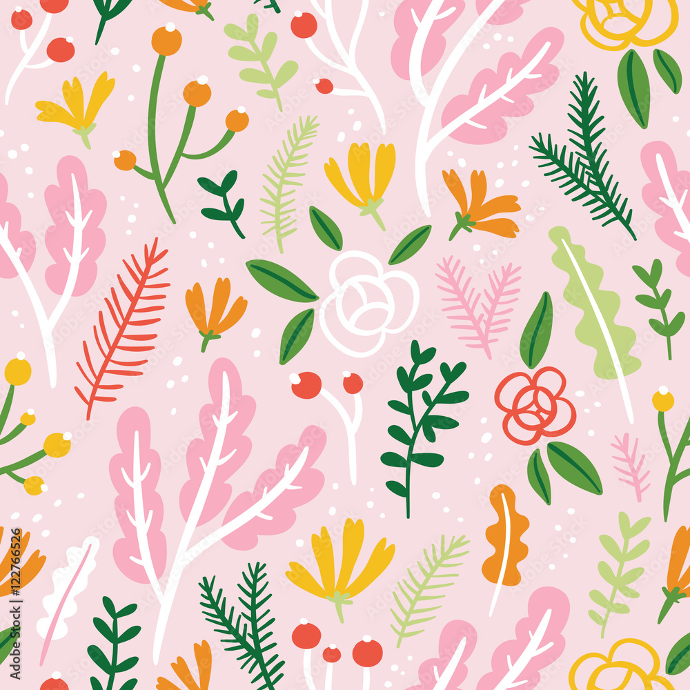 Flowers, leaves and berries seamless pattern on pink background Flowers, leaves and berries seamless pattern on pink background