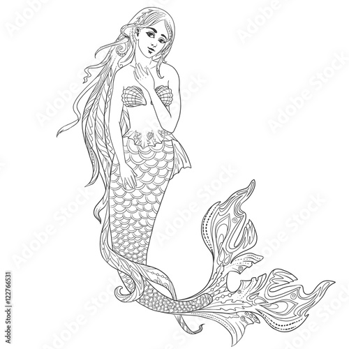 Hand drawn doodle mermaid. Illustration for adult coloring book or tattoo art.