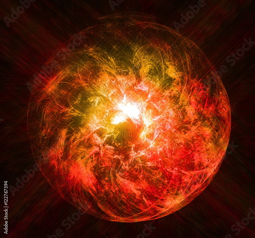 Magical red glowing ball of light with the rays of the stars