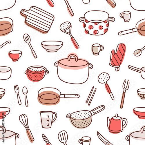 Kitchenware and cooking utensils red palette seamless pattern