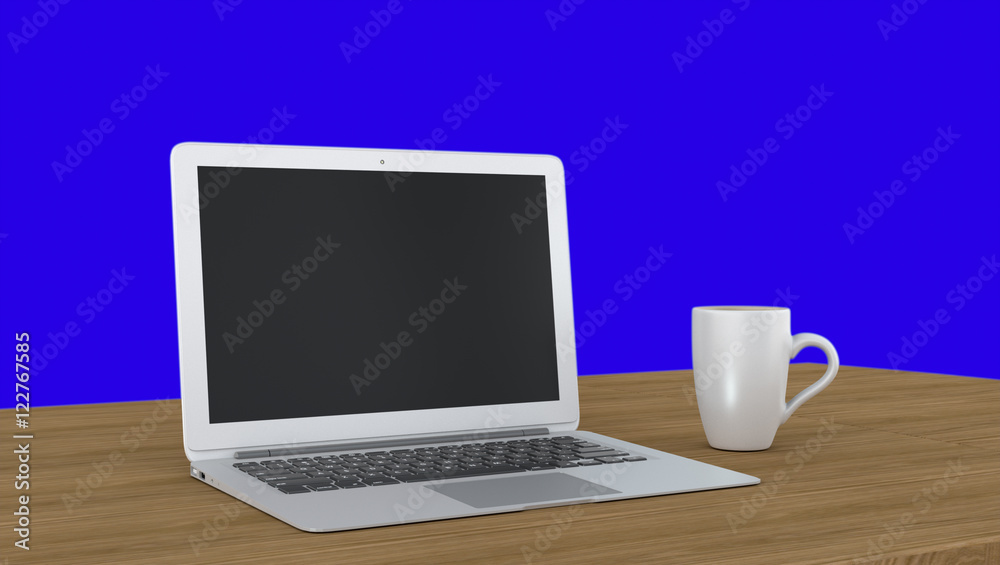 Laptop and coffee mugs on wooden table isolated on blue screen background.3D rendering. Laptop and coffee mugs on wooden table isolated on blue screen background.3D rendering.