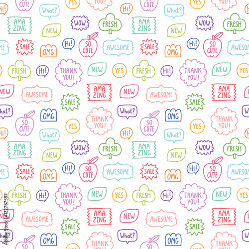 Colorful outline phrases repeat pattern on white background