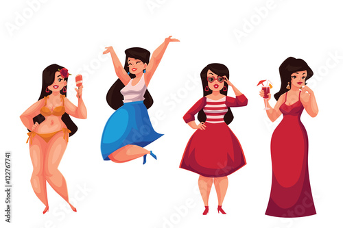 Cute curvy, overweight girl in bikini, casual, fashionable and evening dress, cartoon vector illustration isolated on white background. Happy and smiling fat, chubby, curvy girl in various dresses