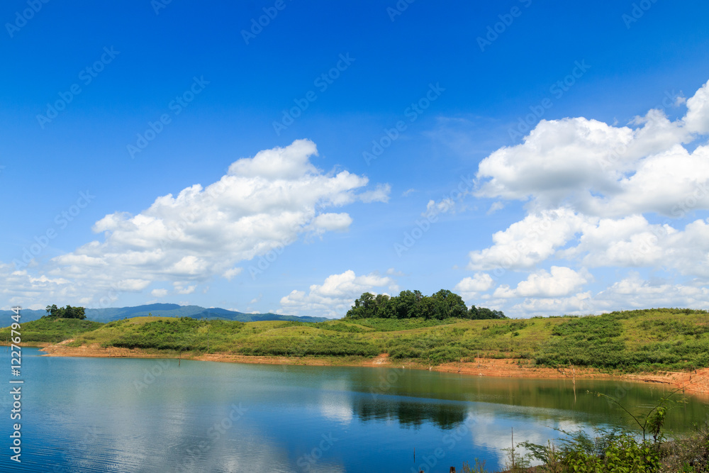 Landscapes blue sky with white clouds and river in thailand